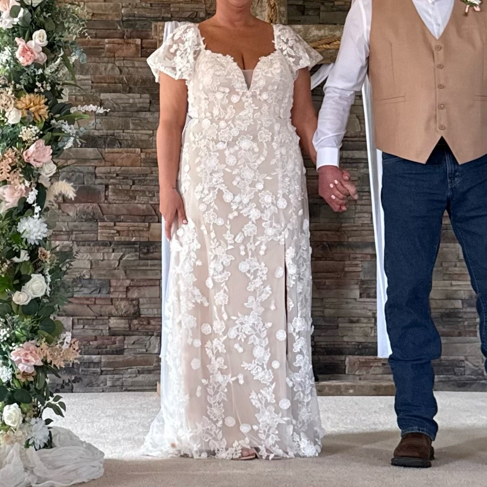 Azazie Vivienne champagne Wedding Dress with Floral Lace Overlay